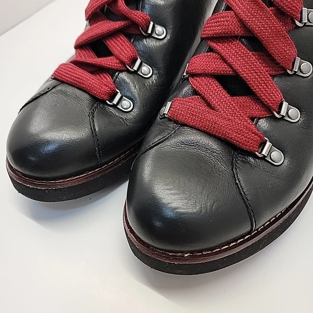 BIONICA Natick Ankle Boots Women 10M Hiking LaceUp Black Brown Leather Red Laces